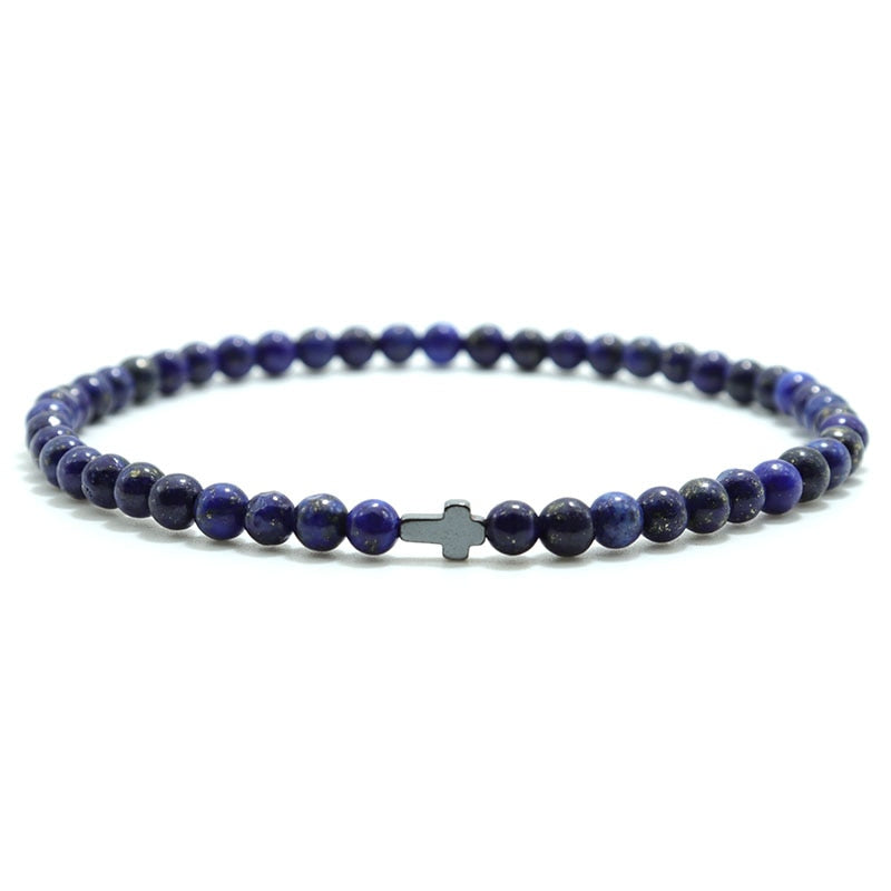 4mm Small Natural Stone Beaded Cross Bracelet Tiger Eye Hematite Mala Jewelry