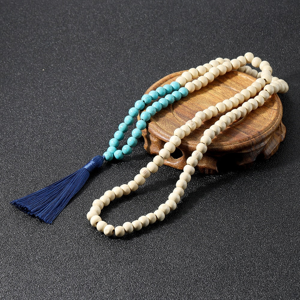 Tiger Eye Wood Mala Bead Necklace Multicolor Tassel Meditation Yoga Energy