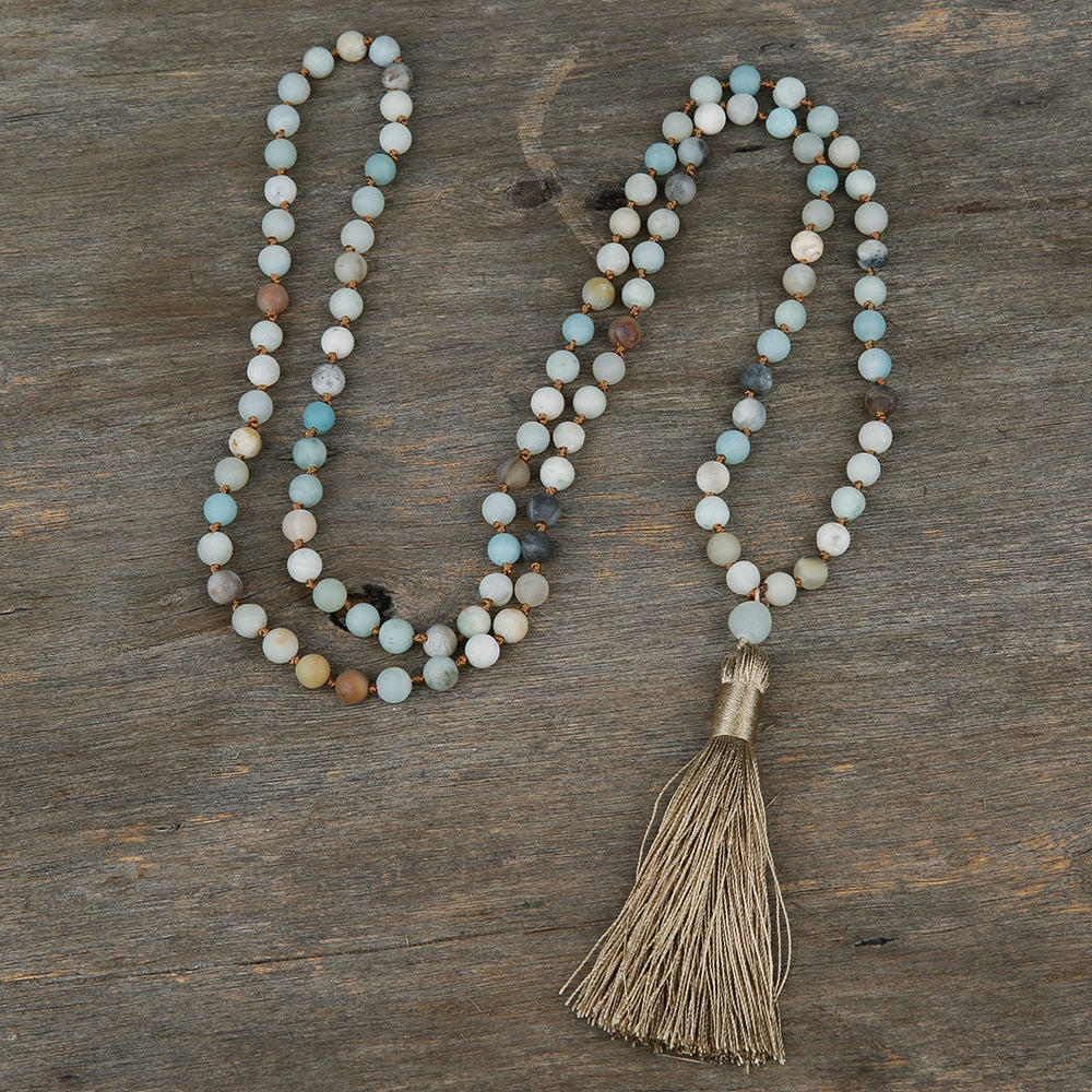 OAIITE 108 Mala Bead Frosted Amazonite with Tassel Yoga Meditation Necklace