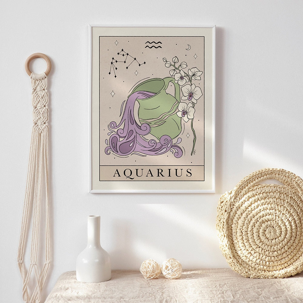 Bohemian Zodiac Art Print Canvas Tarot Cards Inspired Astrology Wall Decor