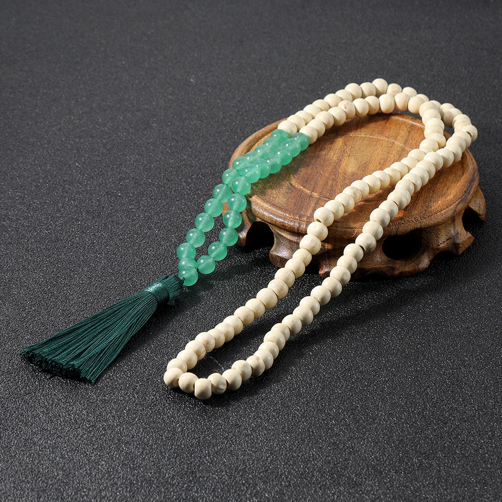 Tiger Eye Wood Mala Bead Necklace Multicolor Tassel Meditation Yoga Energy