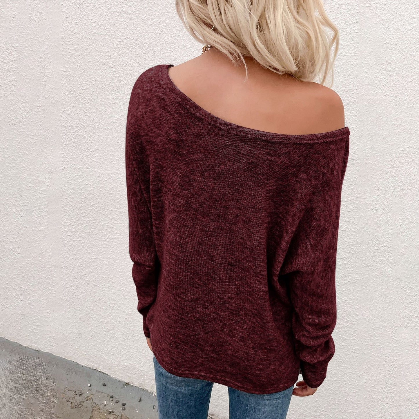 Off Shoulder Women Printed Sweater Long Sleeve Sweater / Oversized Pullover