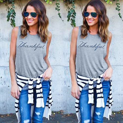 Thankful Printed Sleeveless Tank Top Round Neck
