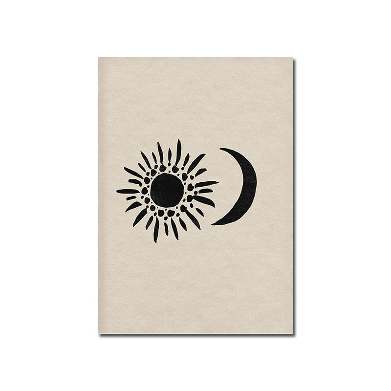 Abstract Poster Boho Canvas Eyes In Hands Sun Moon Beige And Black Quote Painting Retro Art Print