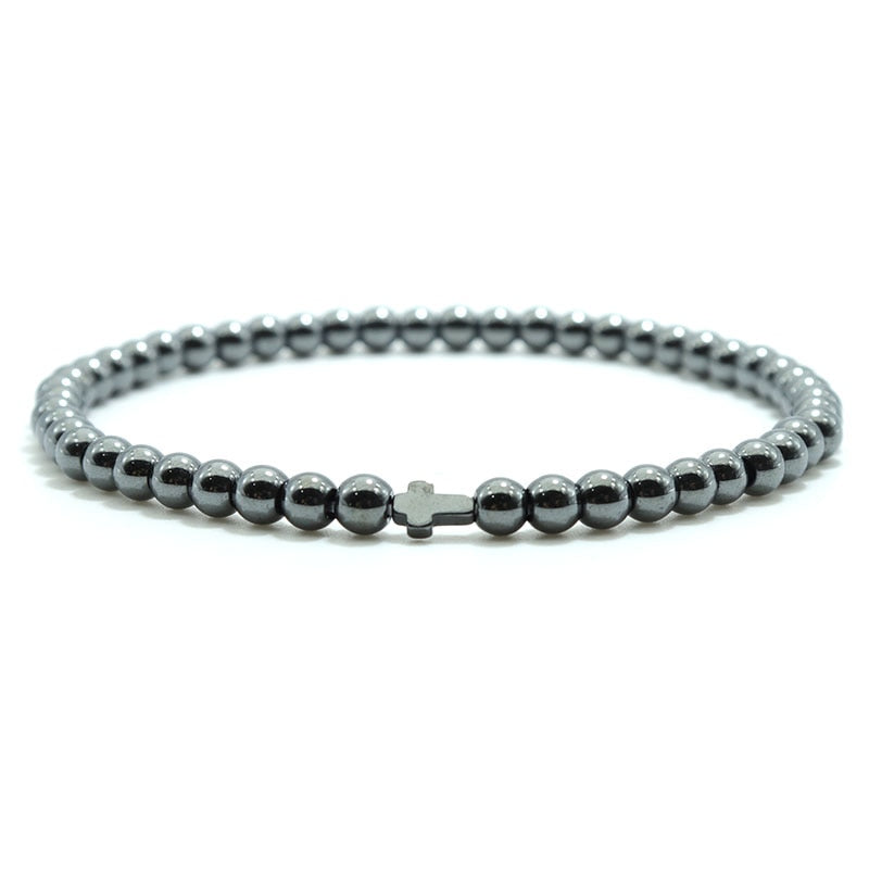 4mm Small Natural Stone Beaded Cross Bracelet Tiger Eye Hematite Mala Jewelry
