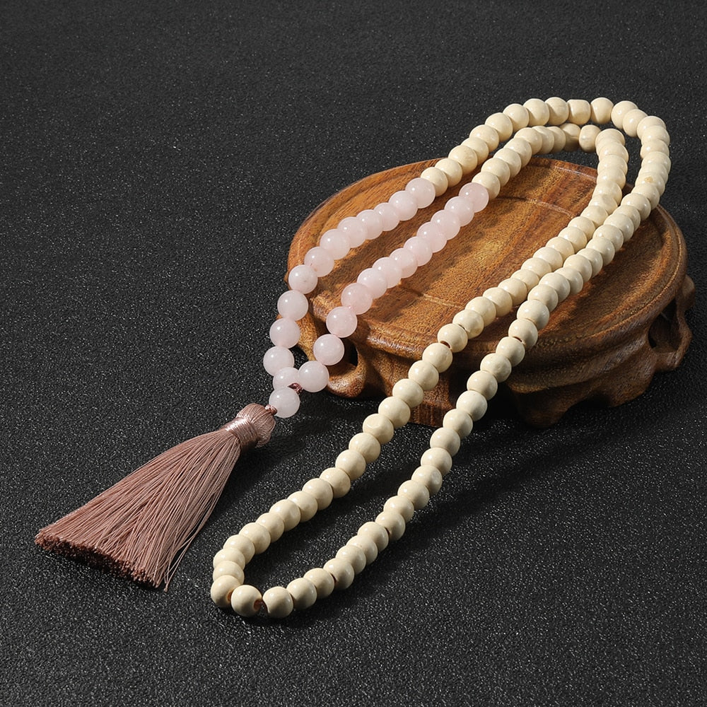 Tiger Eye Wood Mala Bead Necklace Multicolor Tassel Meditation Yoga Energy