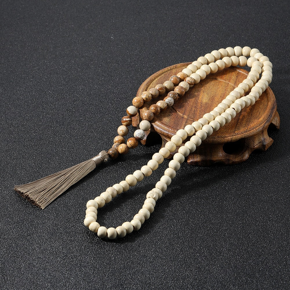 Tiger Eye Wood Mala Bead Necklace Multicolor Tassel Meditation Yoga Energy