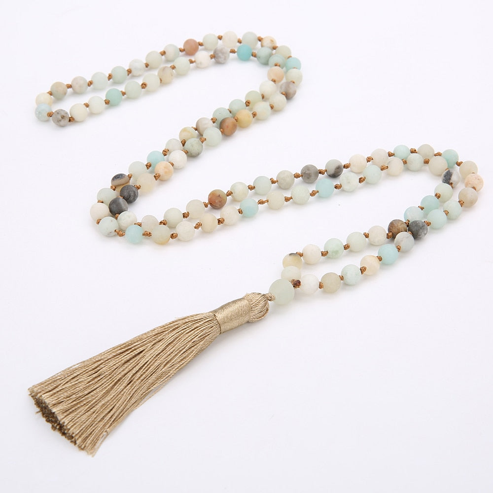 OAIITE 108 Mala Bead Frosted Amazonite with Tassel Yoga Meditation Necklace