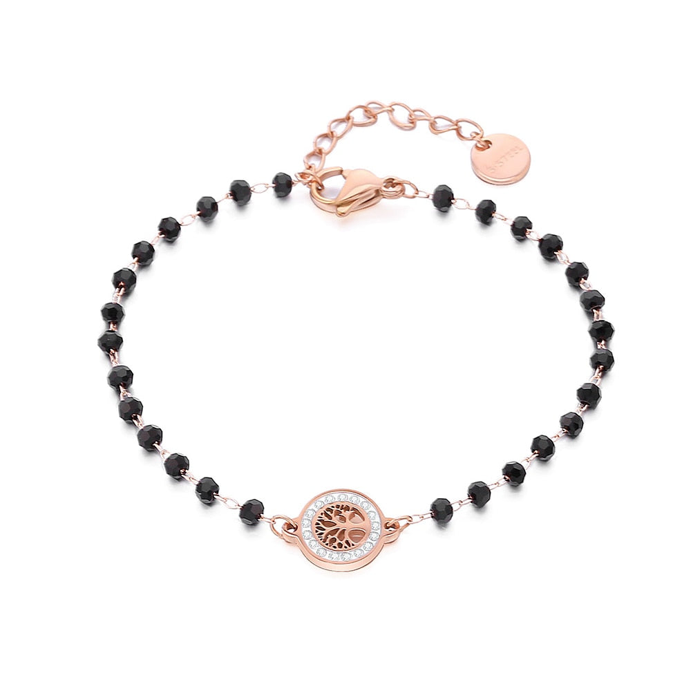 Clear Crystal Tree Of Life Charms Bracelet Stainless Steel Black Beads freeshipping - Mandala Bloom