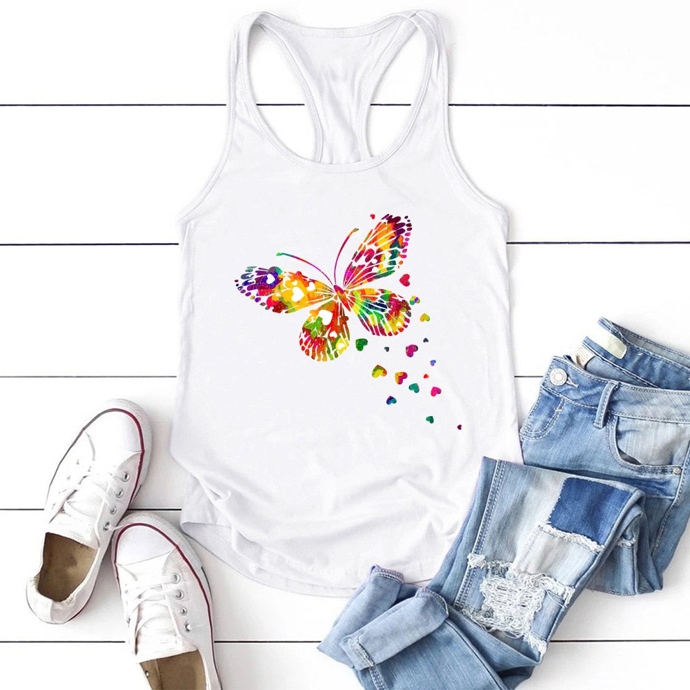Color Butterfly Print Women Tank