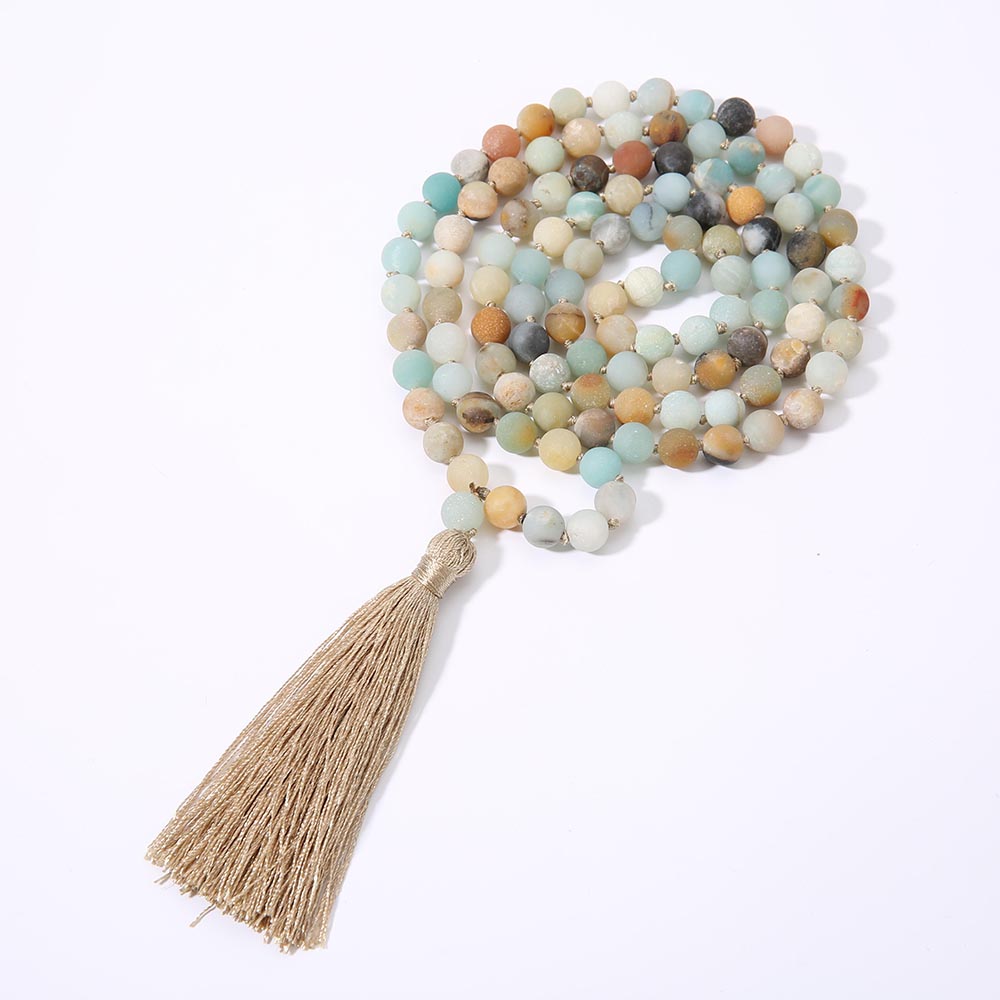 OAIITE 108 Mala Bead Frosted Amazonite with Tassel Yoga Meditation Necklace