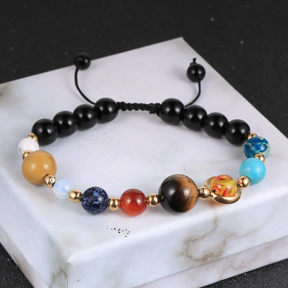 Men Women Buddha Prayer Reiki Bracelets Lava Stone Blue Sandstone Eight Planets Solar System Braided Rope Jewelry freeshipping - Mandala Bloom