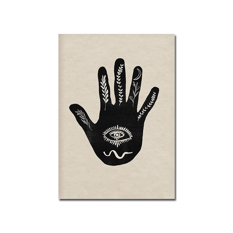 Abstract Poster Boho Canvas Eyes In Hands Sun Moon Beige And Black Quote Painting Retro Art Print