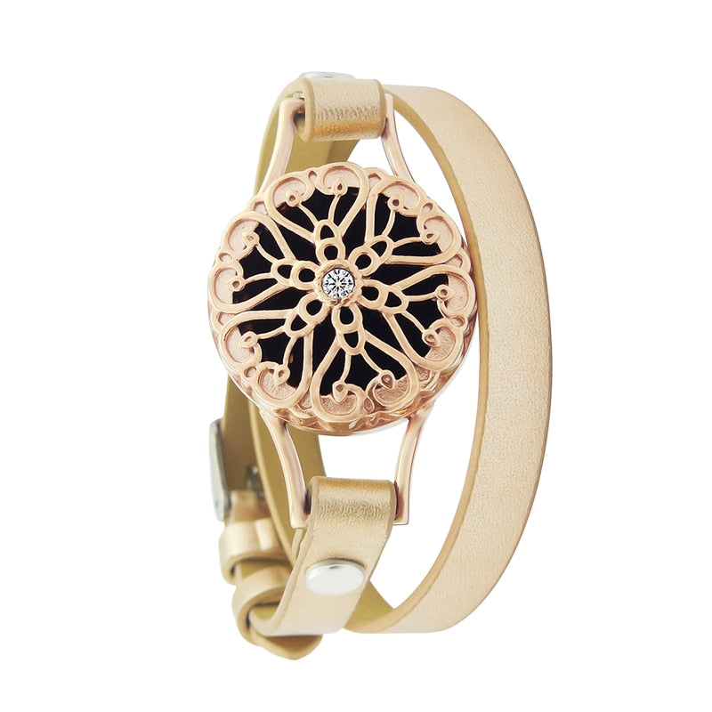 25mm Diffuser Magnet Rose Gold Genuine Leather Aroma Locket Bangle Stainless Steel Essential Oils Aromatherapy Locket Bracelet freeshipping - Mandala Bloom