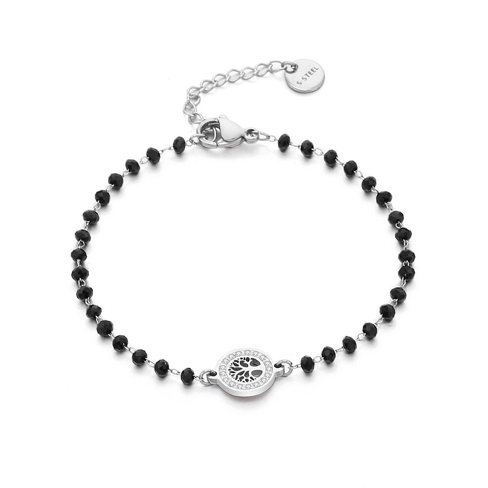 Clear Crystal Tree Of Life Charms Bracelet Stainless Steel Black Beads freeshipping - Mandala Bloom