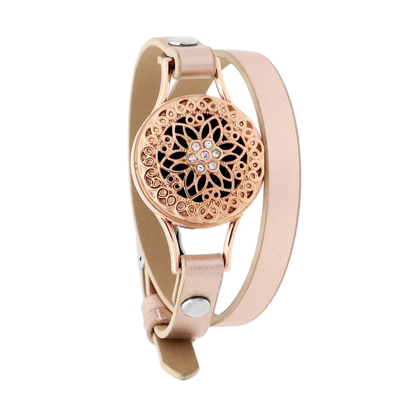 25mm Diffuser Magnet Rose Gold Genuine Leather Aroma Locket Bangle Stainless Steel Essential Oils Aromatherapy Locket Bracelet freeshipping - Mandala Bloom