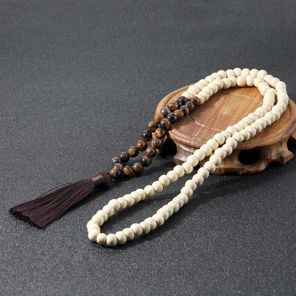 Tiger Eye Wood Mala Bead Necklace Multicolor Tassel Meditation Yoga Energy