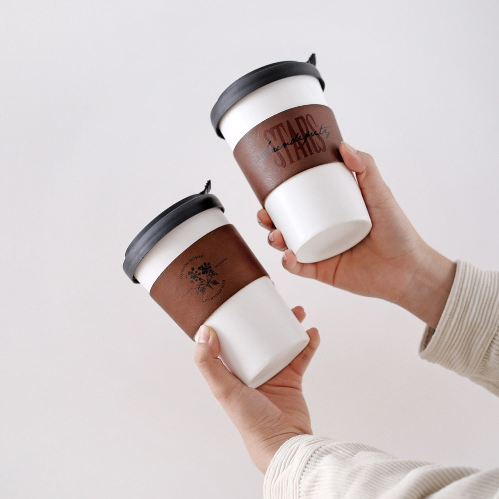 Ceramic Coffee Mug with Lid Leather Travel Cup Keep Warm Cup freeshipping - Mandala Bloom