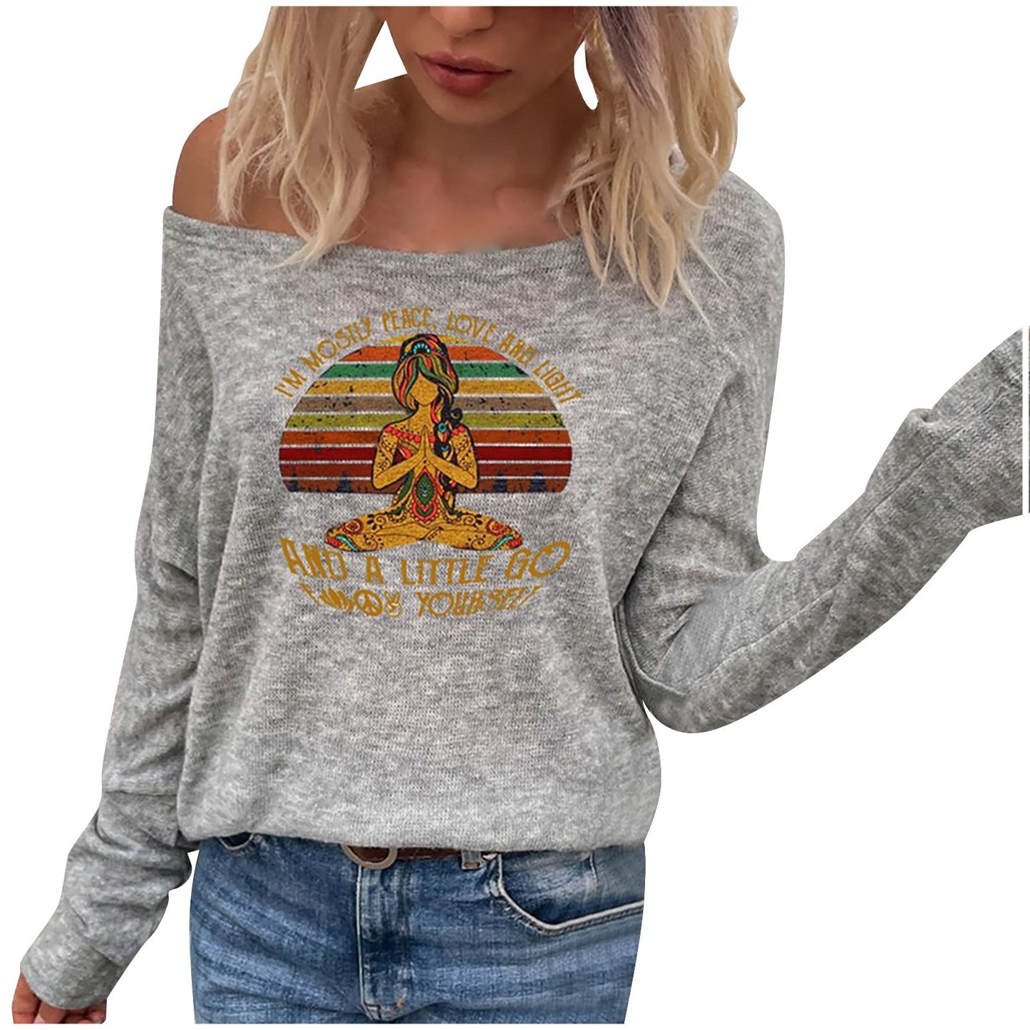 Off Shoulder Women Printed Sweater Long Sleeve Sweater / Oversized Pullover