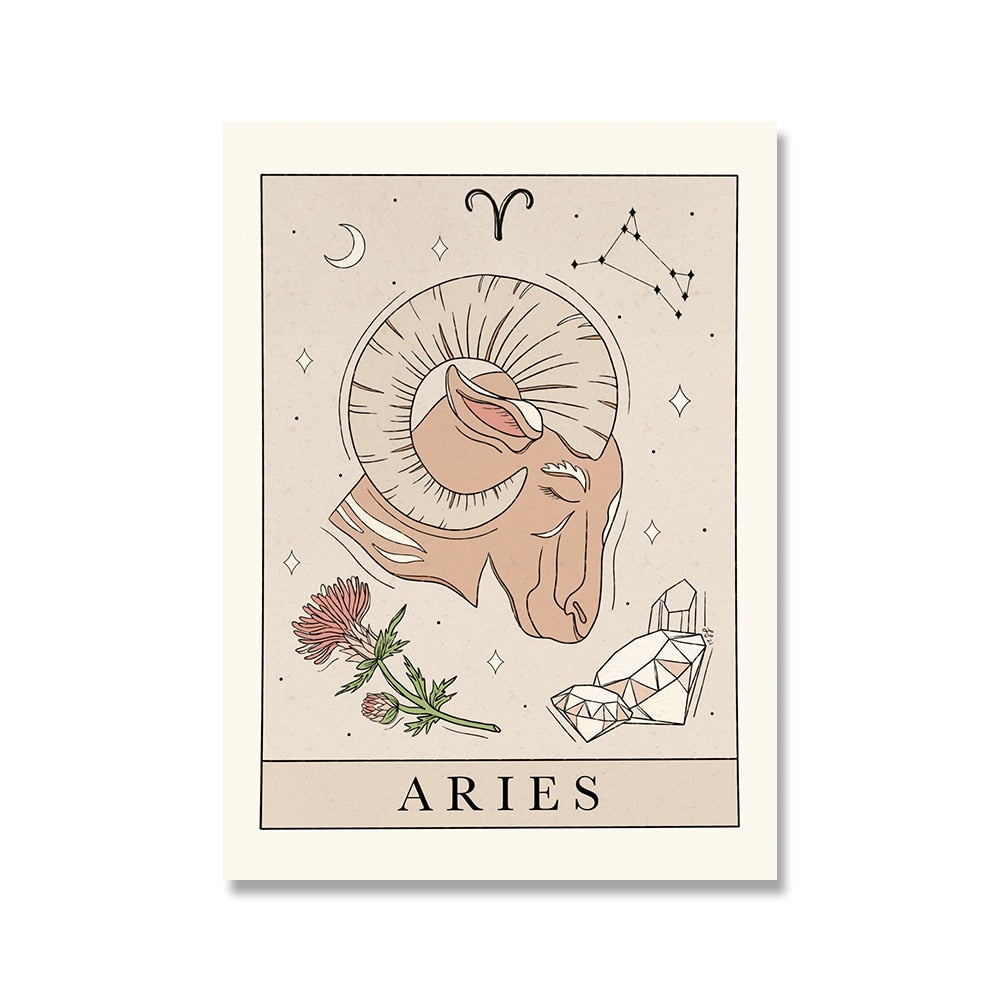 Bohemian Zodiac Art Print Canvas Tarot Cards Inspired Astrology Wall Decor
