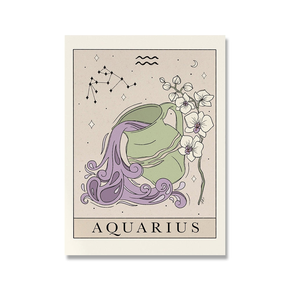 Bohemian Zodiac Art Print Canvas Tarot Cards Inspired Astrology Wall Decor