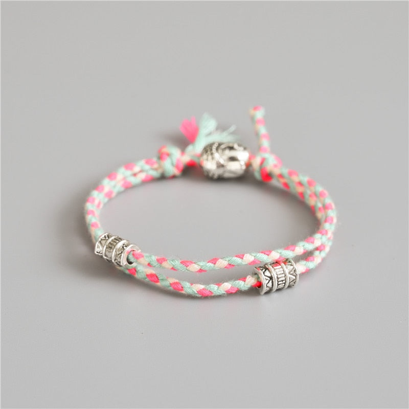 Ethnic Tibetan Buddha Head Woven Multicolor Handmade Rope Buddha Charm Bracelet