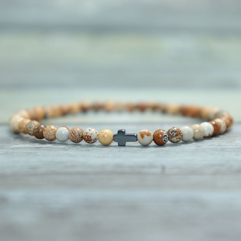 4mm Small Natural Stone Beaded Cross Bracelet Tiger Eye Hematite Mala Jewelry