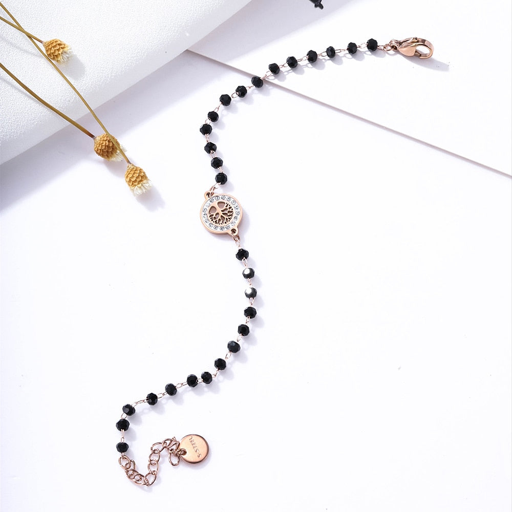 Clear Crystal Tree Of Life Charms Bracelet Stainless Steel Black Beads freeshipping - Mandala Bloom