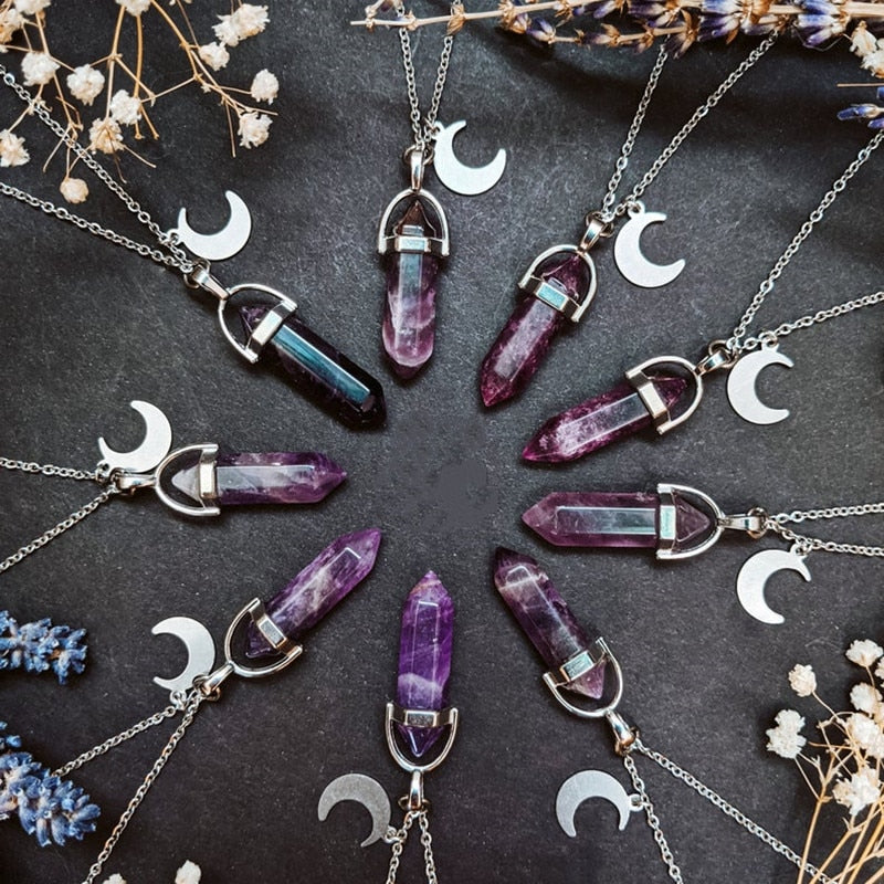 Purple Crystal Moon Pendant ~ Moon Charm. Witch Necklace. Crystals. Witchy. Gothic. Boho. Wicca. Moonchild.