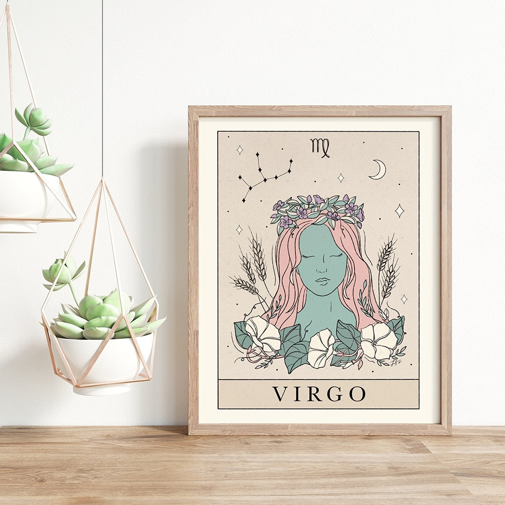 Bohemian Zodiac Art Print Canvas Tarot Cards Inspired Astrology Wall Decor