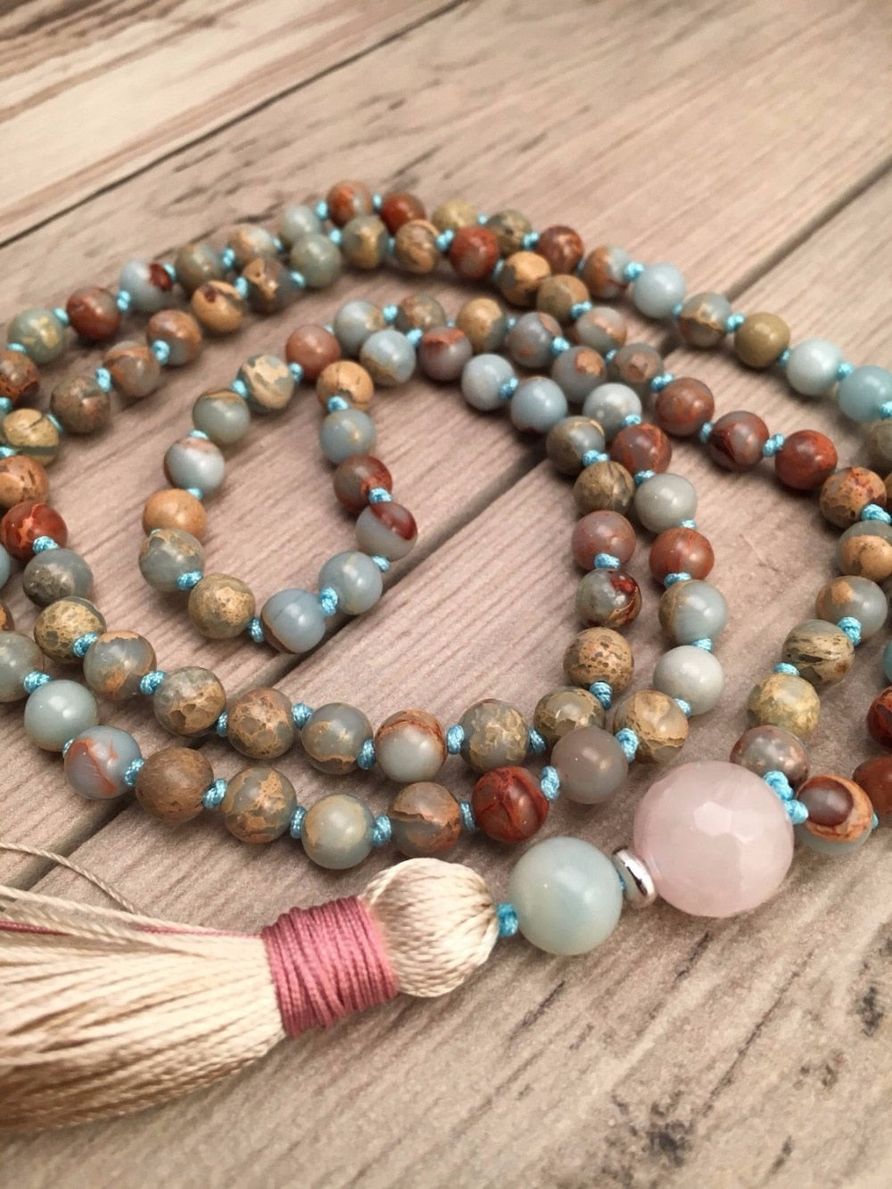 Aqua Terra Jaspers Hand Knotted 108 Mala Bead Necklace freeshipping - Mandala Bloom