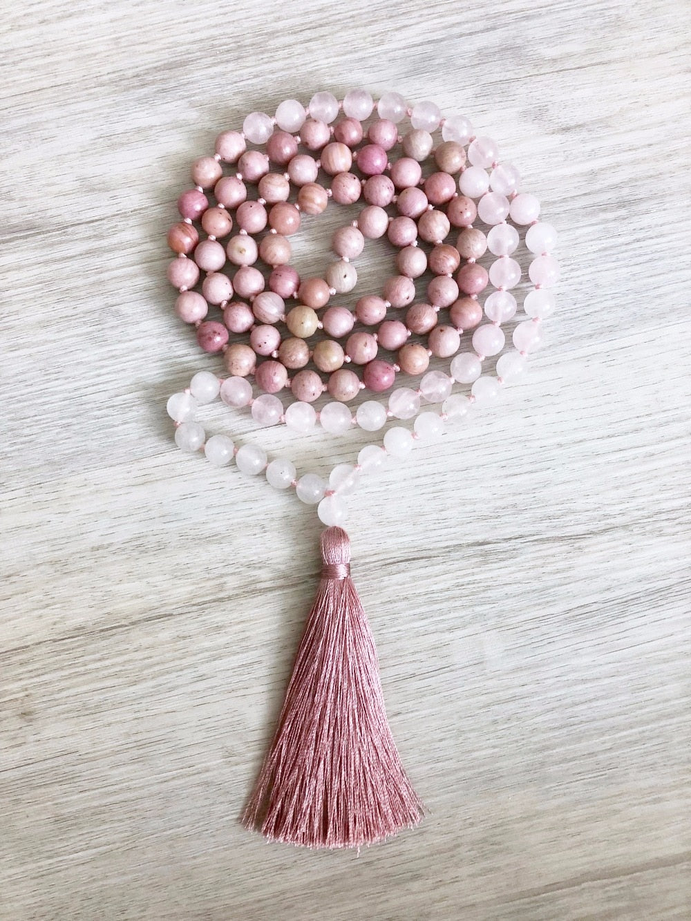 Rhodonite & Rose Quartz 108 Mala Bead Hand Knotted Necklace with Tassel freeshipping - Mandala Bloom
