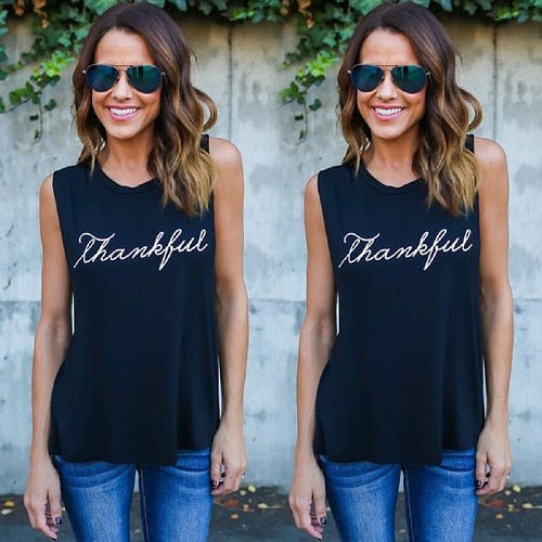 Thankful Printed Sleeveless Tank Top Round Neck