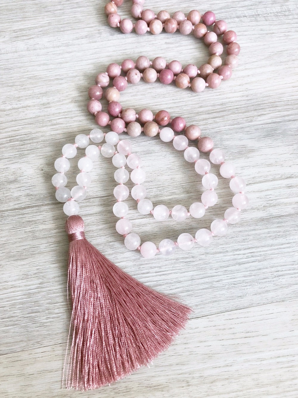 Rhodonite & Rose Quartz 108 Mala Bead Hand Knotted Necklace with Tassel freeshipping - Mandala Bloom