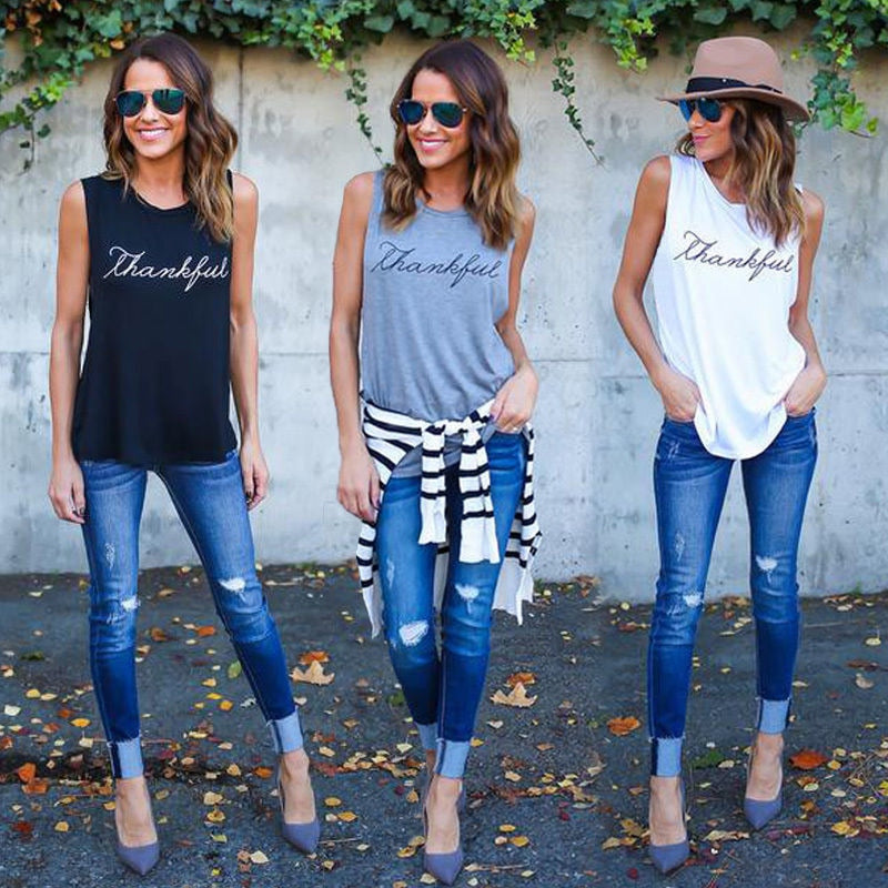 Thankful Printed Sleeveless Tank Top Round Neck