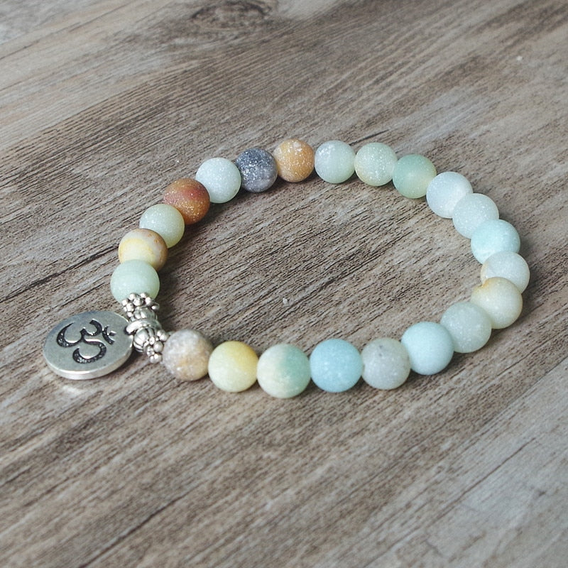 Matte Amazonite Stone Strand Bracelet Yoga Chakra Mala Bracelet OM Lotus