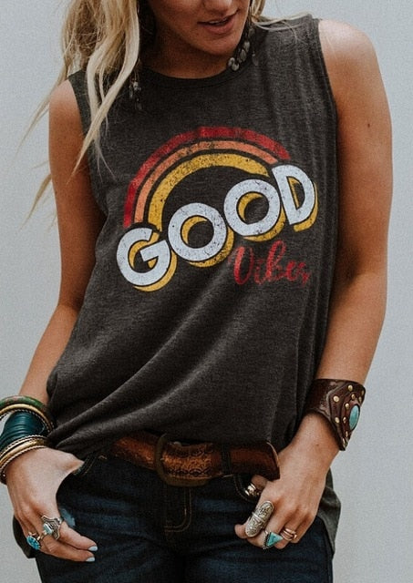 Good Vibes Rainbow Printed Sleeveless Tank