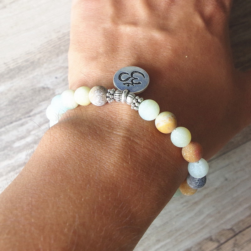 Matte Amazonite Stone Strand Bracelet Yoga Chakra Mala Bracelet OM Lotus