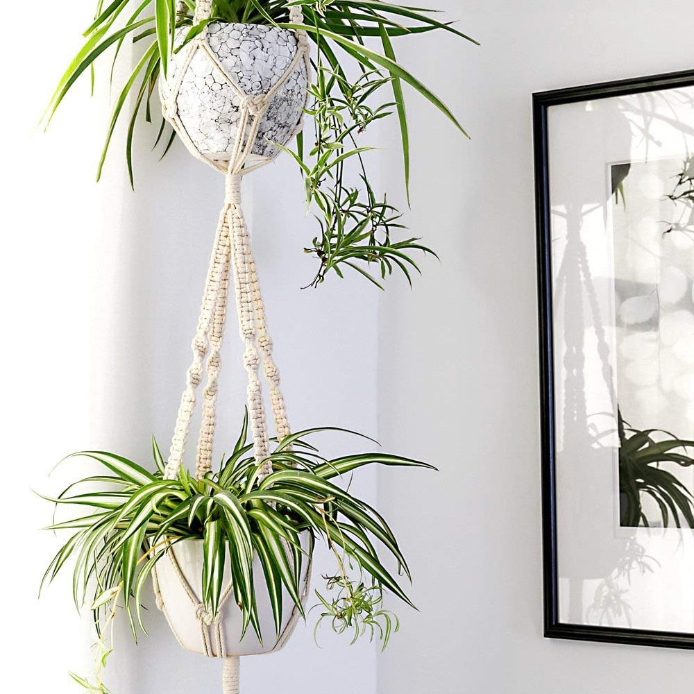 Macrame Double Plant Hanger Indoor Outdoor 2 Tier Hanging Planter Cotton Rope 4 Legs 67 inch freeshipping - Mandala Bloom
