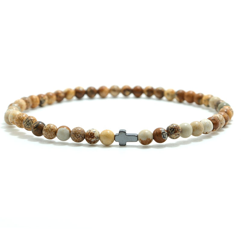 4mm Small Natural Stone Beaded Cross Bracelet Tiger Eye Hematite Mala Jewelry