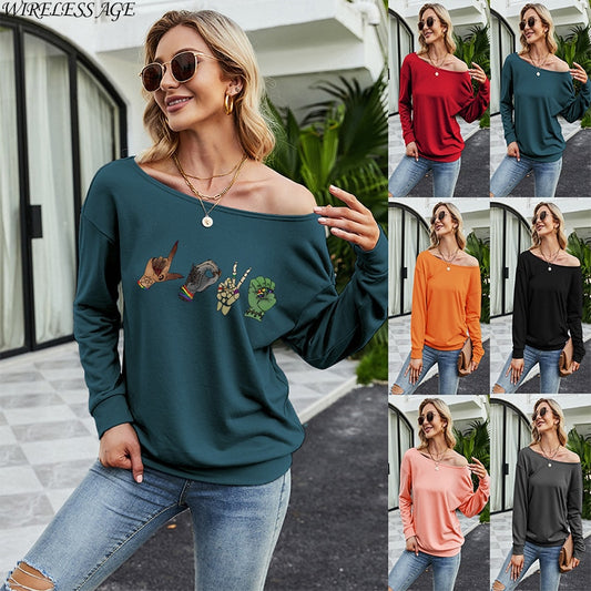 Women Long Sleeve Slash Neck Gesture Pattern Printed Loose Casual Pullover