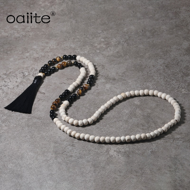Tiger Eye Wood Mala Bead Necklace Multicolor Tassel Meditation Yoga Energy