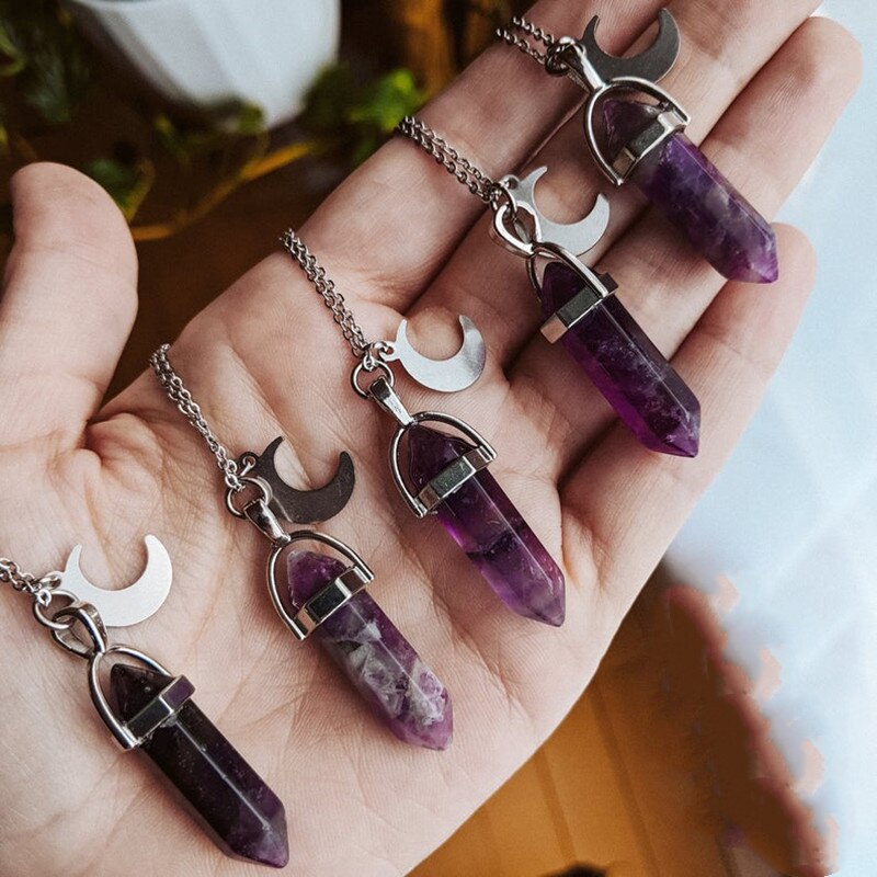 Purple Crystal Moon Pendant ~ Moon Charm. Witch Necklace. Crystals. Witchy. Gothic. Boho. Wicca. Moonchild.