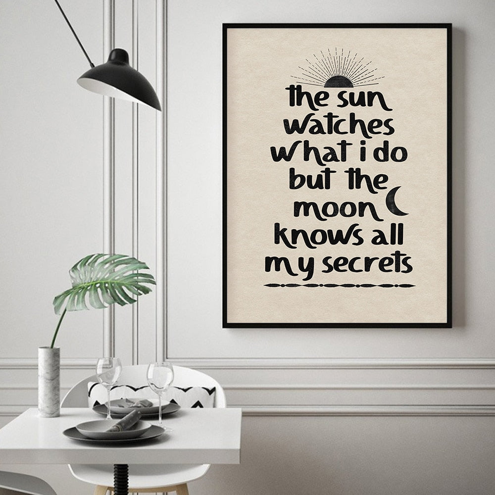 Abstract Poster Boho Canvas Eyes In Hands Sun Moon Beige And Black Quote Painting Retro Art Print