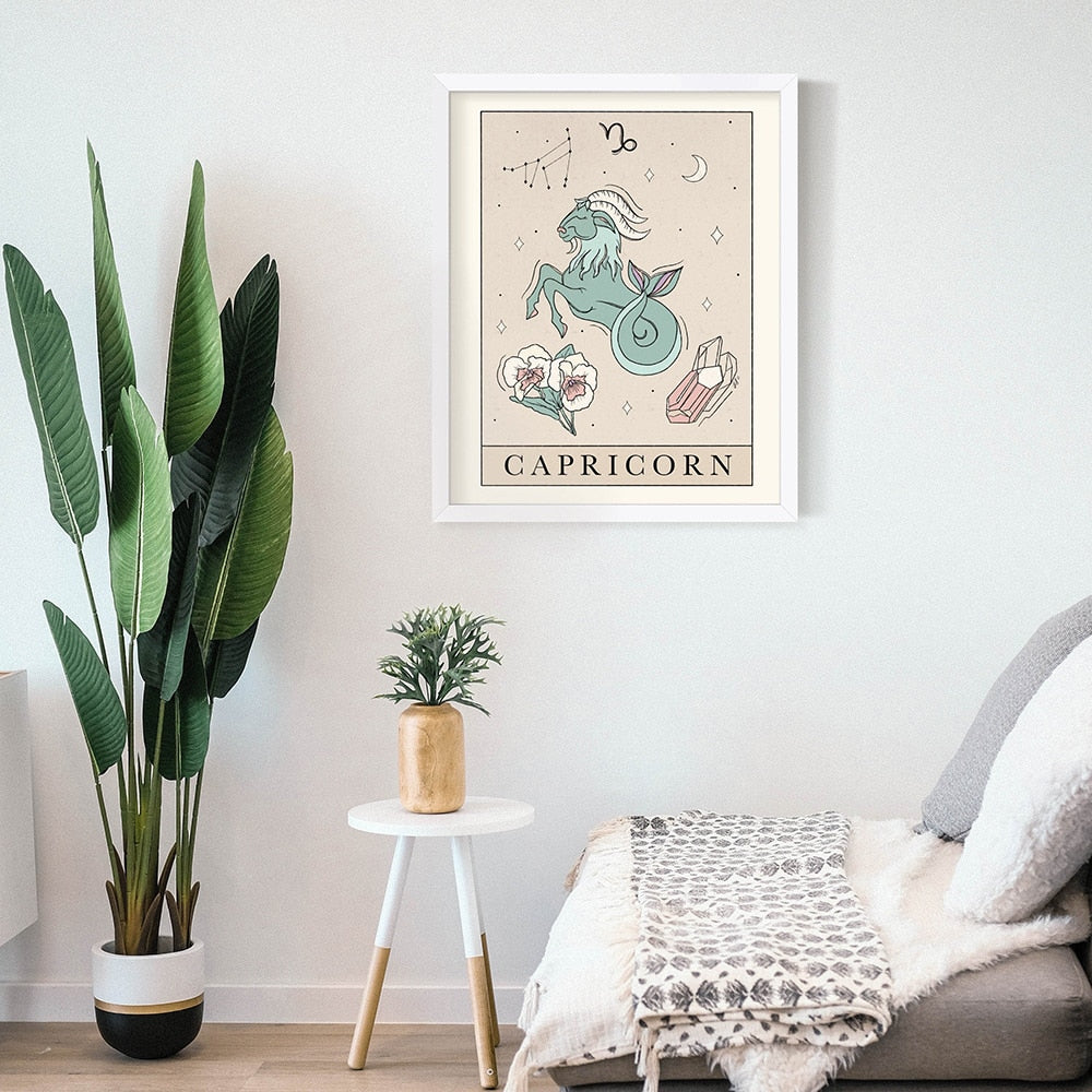 Bohemian Zodiac Art Print Canvas Tarot Cards Inspired Astrology Wall Decor
