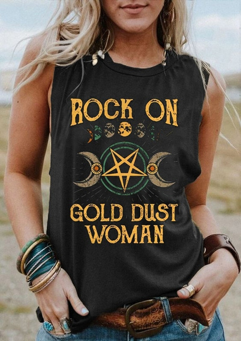 Rock on Gold Dust Woman print sleeveless tank