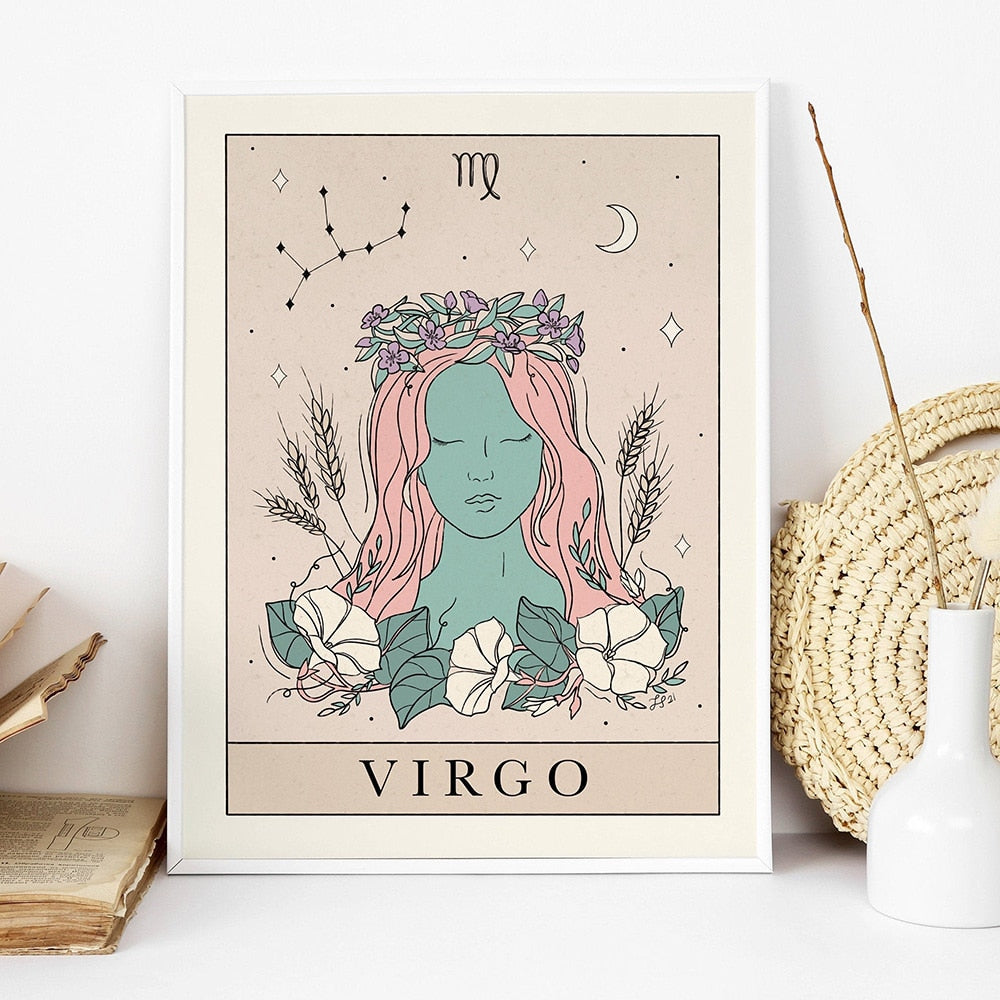 Bohemian Zodiac Art Print Canvas Tarot Cards Inspired Astrology Wall Decor