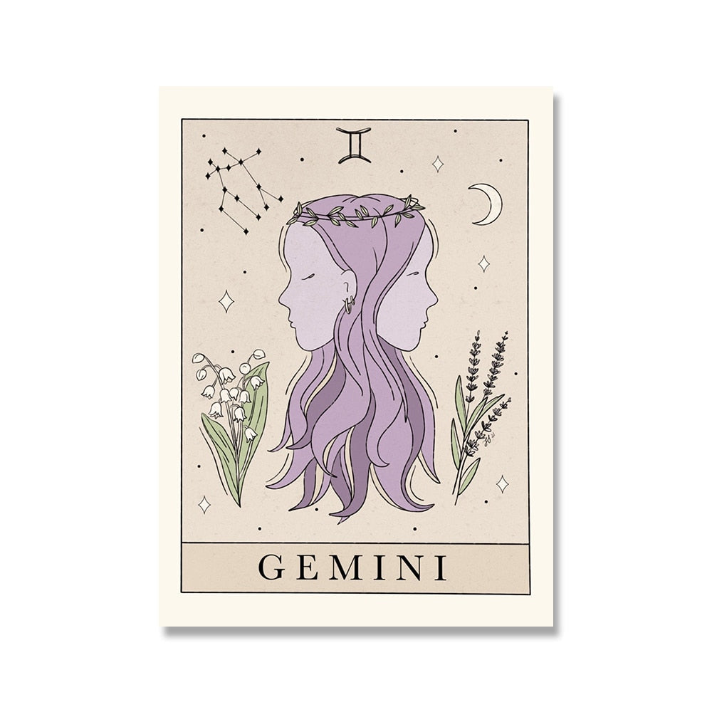 Bohemian Zodiac Art Print Canvas Tarot Cards Inspired Astrology Wall Decor