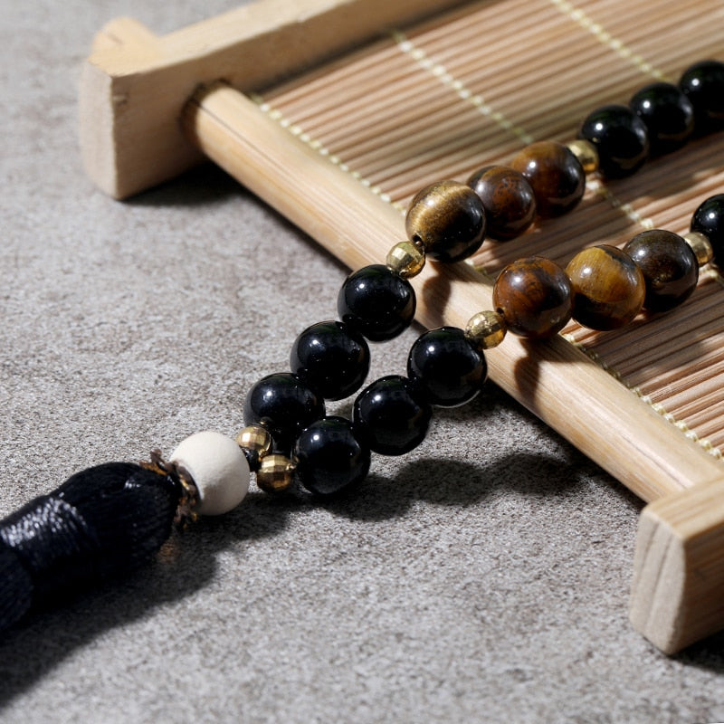 Tiger Eye Wood Mala Bead Necklace Multicolor Tassel Meditation Yoga Energy