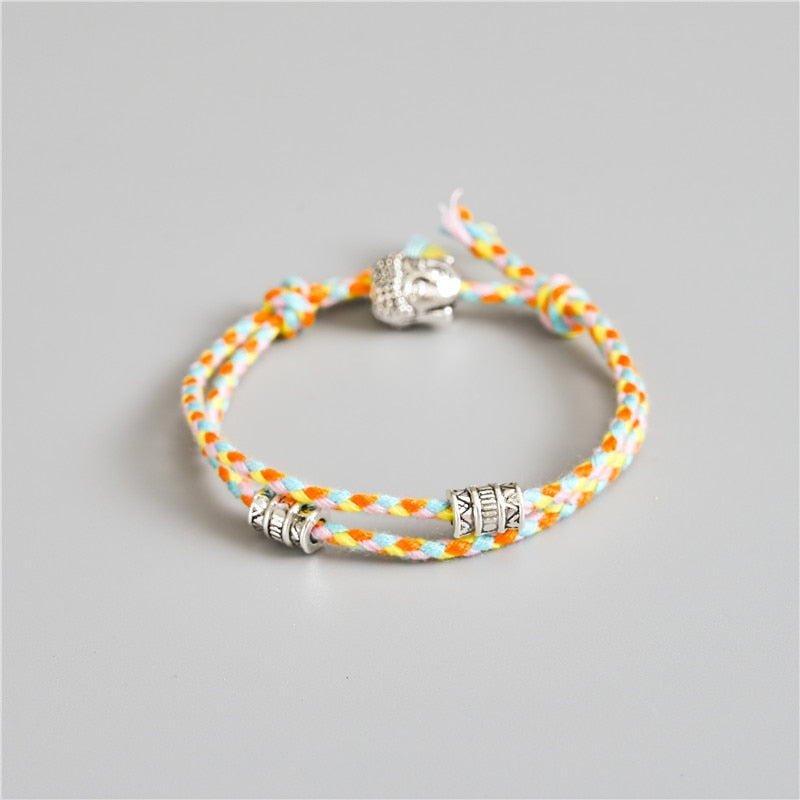 Ethnic Tibetan Buddha Head Woven Multicolor Handmade Rope Buddha Charm Bracelet